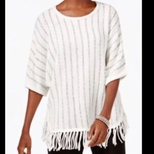 NY Collection White Silver Knit Poncho Top With a Touch of Fringe